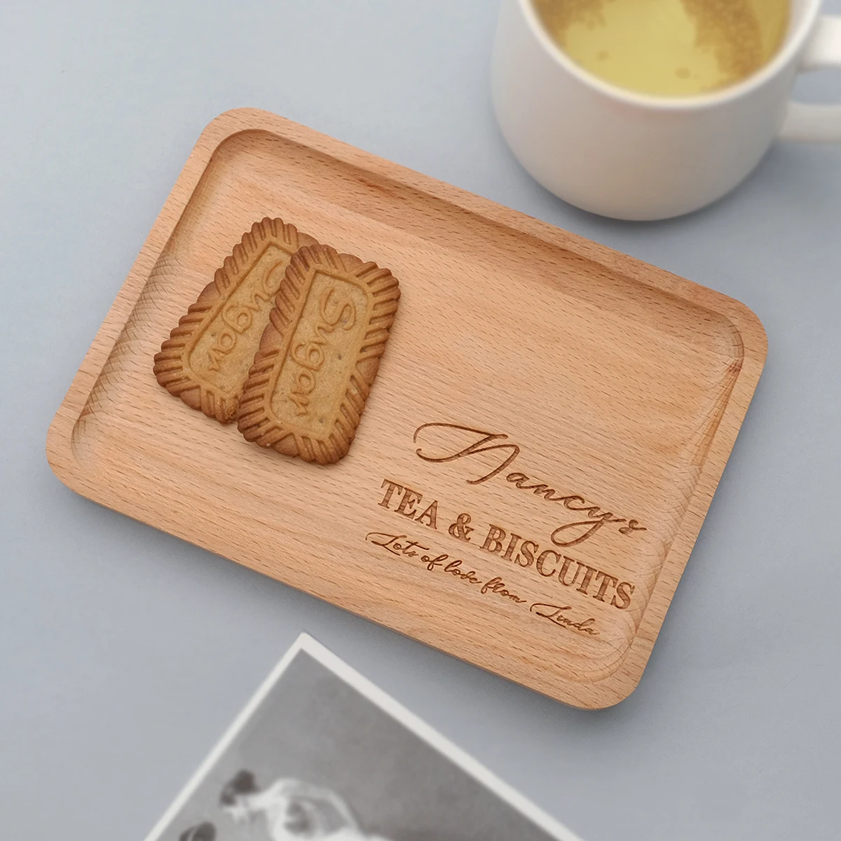 

Personalised Tea & Biscuit Board Wood Dish Custom Drinks Coaster Coffee and Cake Tray Serving Board Gift For Dad Wedding Favors