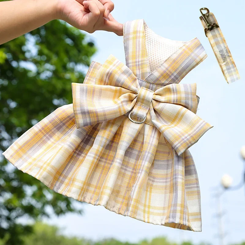 Pet JK Plaid Skirt Chest Strap Traction Rope Walking Dog Cat Vest Clothes Dog Dress Clothes Skirts Ropa De Perrita 강아지 옷