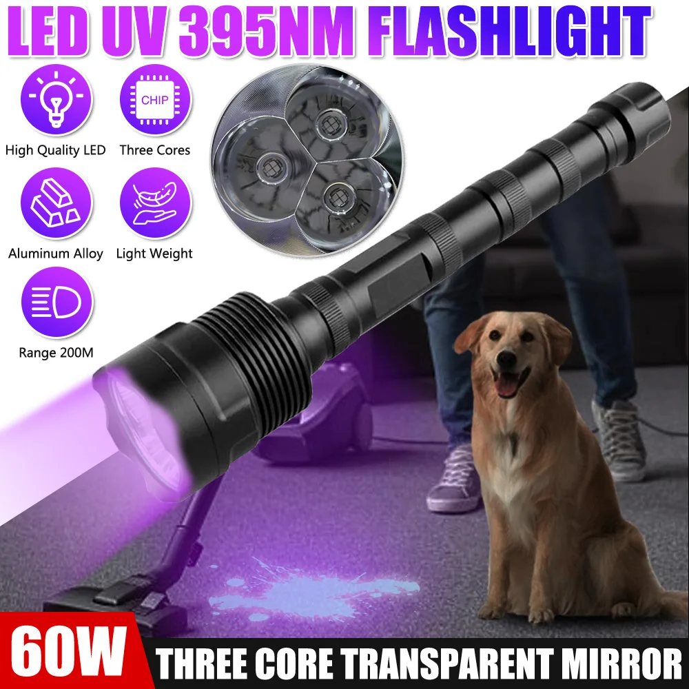 

60W 395nm LED UV Flashlight Ultraviolet Torch Purple Light UV lamp Rechargeable Zoom Black Light Pet Urine Stains Detector