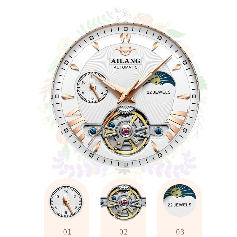 Tourbillon Automatic Watch for Women Luxury Womens Mechanical Watches Ladies Rose Gold Relogios Mecanicos Auto Sun Moon Clock