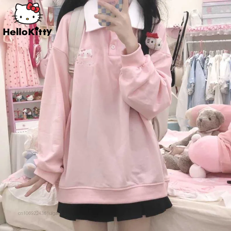 

Sanrio Hello Kitty Long Sleeve Polo T-shirts College Style Y2k Spring Clothes Loose Tops Women Cartoon Print Kawaii Tees Shirts