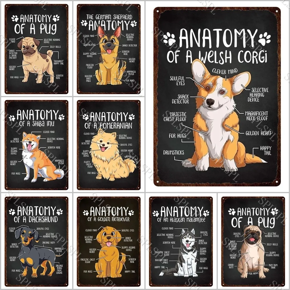 

Anatomy Dog Metal Print Plates Cartoon Animals Tin Sign Posters Plates Pug Siberian Husky French Bulldog Chihuahua Metal Sign