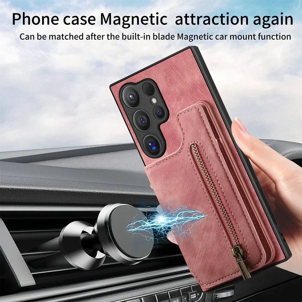 Magnetic Zipper Leather Wallet Phone Case - Premium Protective Cover with Card Slots and Kickstand
