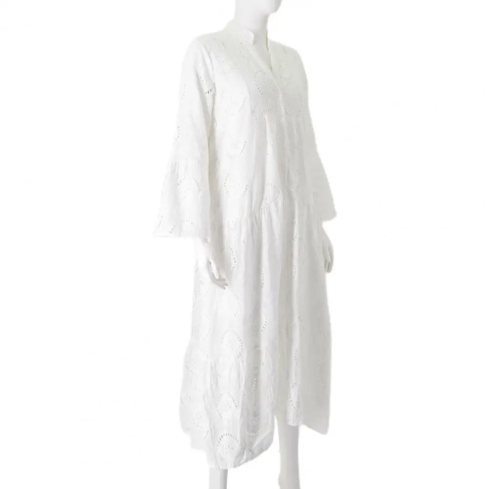 

Длинное платье на пуговицах, шикарное Кружевное Платье макси с вышивкой и расклешенными рукавами, элегантное платье с V-образным вырезом и оборками на подоле