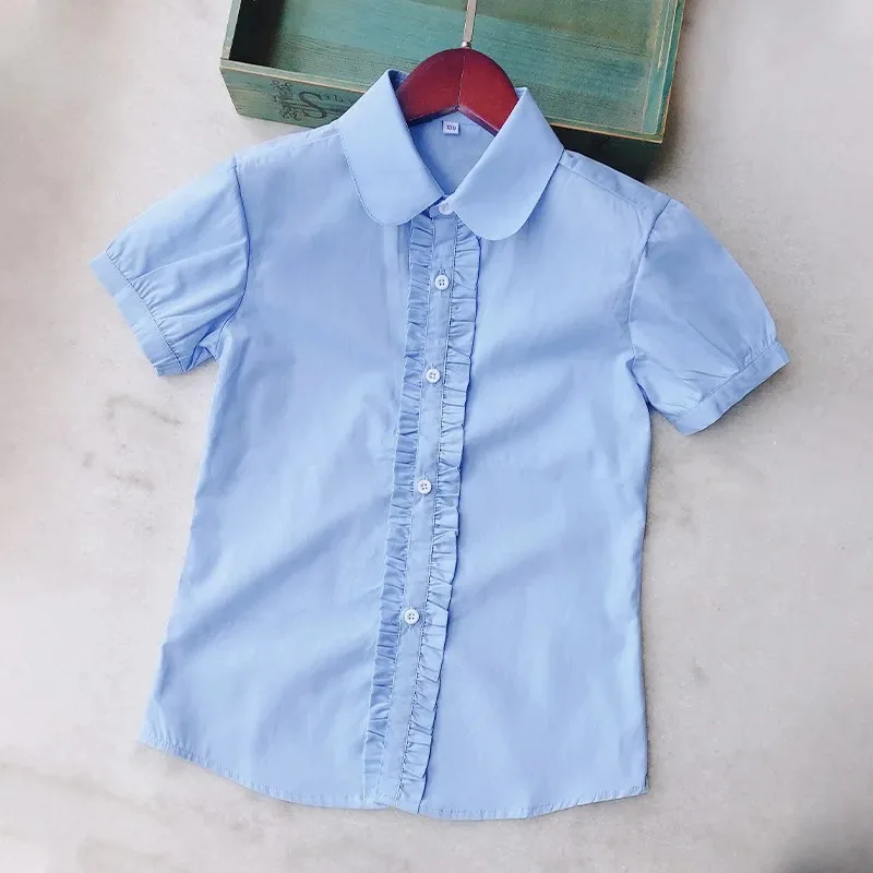 Summer Shirts for Teenage Boys Girls Cotton Short Sleeve White Blouses School Uniform Girls Puff Sleeve Blue Tops 4 8 12 16Year