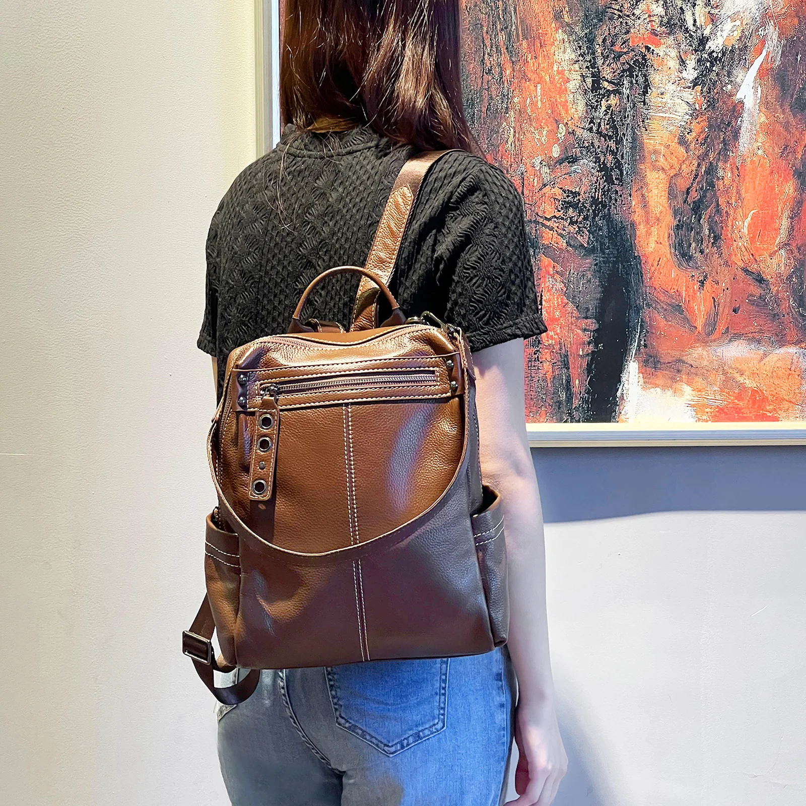 MIYA GARDEN Retro Women's Double Shoulder Backpack Versatile Leather Backpack Classic Travel Multifunctional Shoulder Bag
