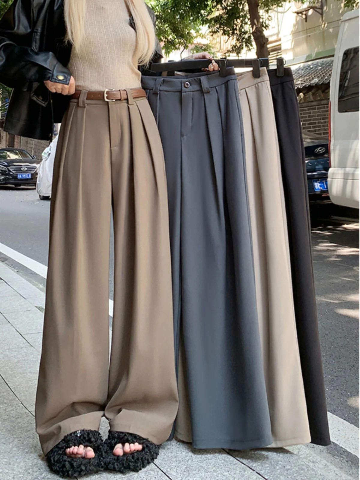 Office Suit Pants For Women In Autumn 2024, New High Waisted Slimming Coffee Colored Casual Wide Leg Pants