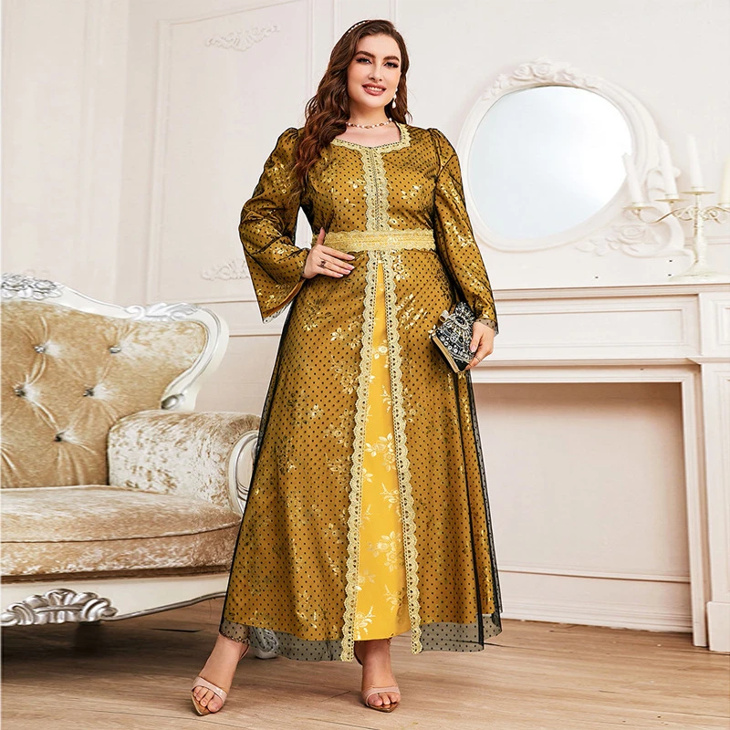 

Women Plus Size Maxi Dresses 2023 New Autumn Luxury Elegant Long Sleeve Mesh Muslim Turkish Evening Party Clothing Abaya Kaftan