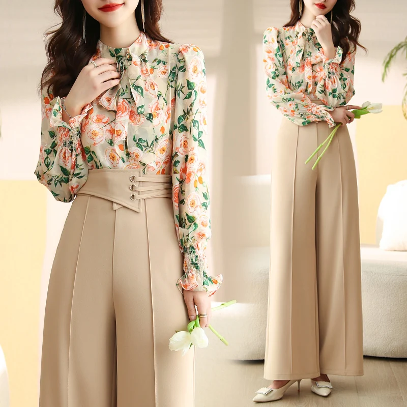 2023 Spring Womens Elegant Two Piece Ethnic Trousers Set With Wide Leg Pants  Long Sleeve Shirt And Matching Pants Outfit From Ganhatie, $23.97