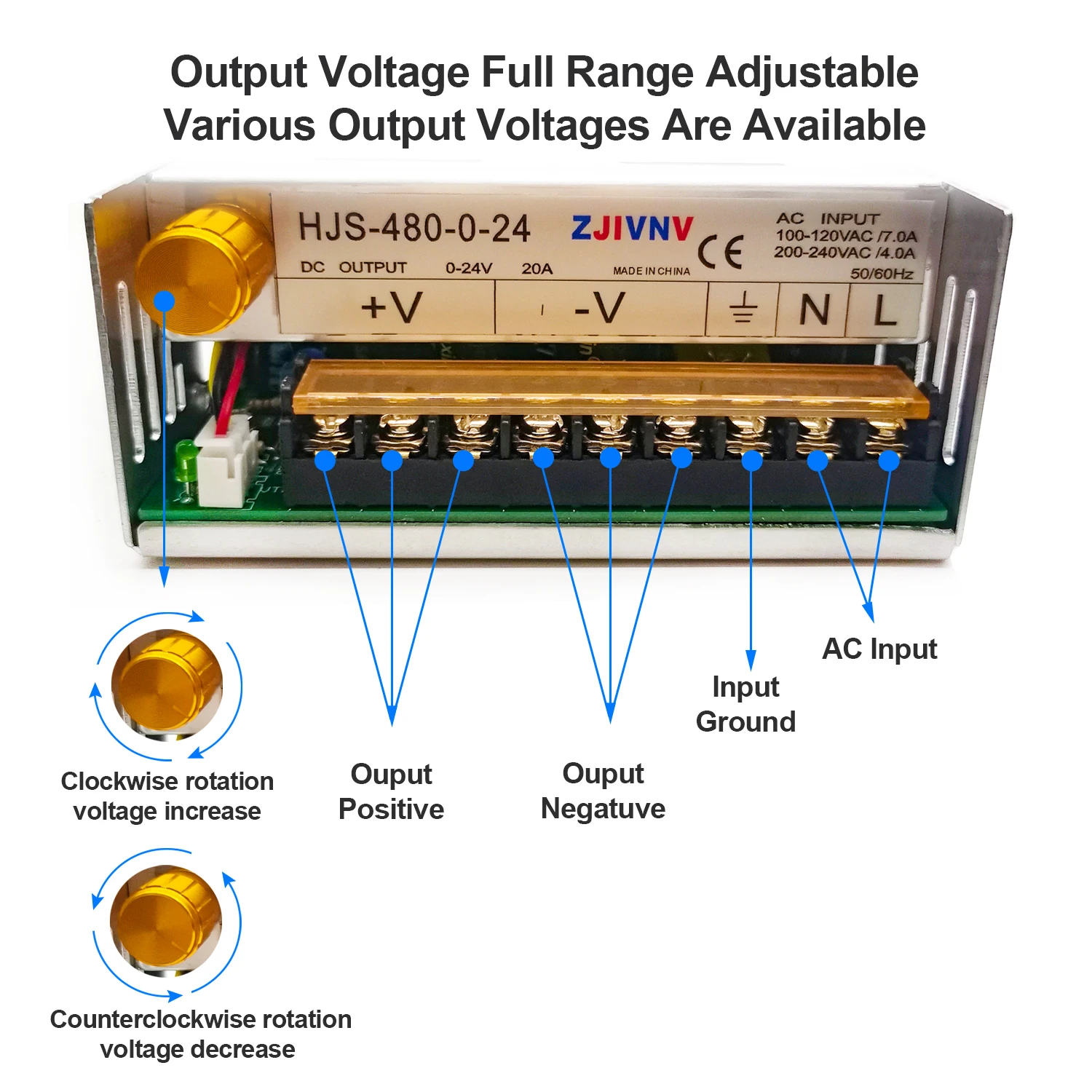 480W digital display switching power supply Adjustable voltage 0-5V 12V 24V  36V 48V 60v 80V 120v 220v 300V, 24v 20A, 48V 10a