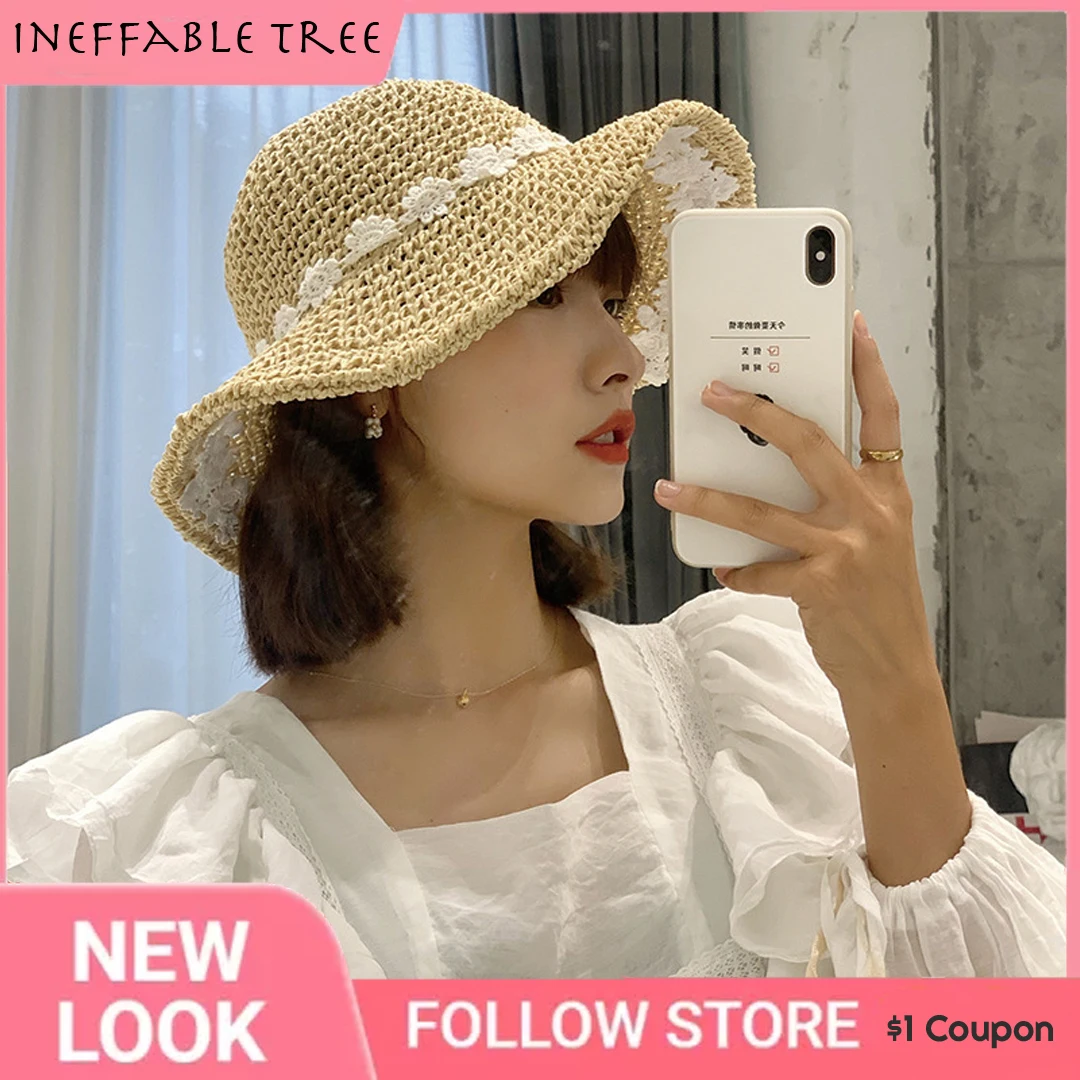 

INS Influencer Summer Straw Lace Beach Hats Women Windproof Rope Travel Wide Brim Sun Hat Elegant Lolita Bucket Gorros Holiday