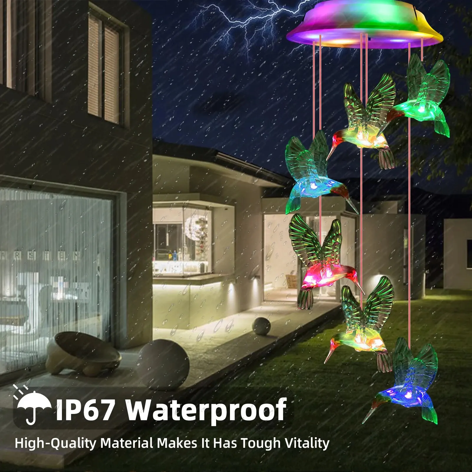 Outdoor Wind Chimes Solar Powered Waterproof and Color Changing Hummingbird for Garden Decoration Gifts