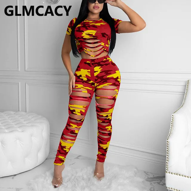 Camo Tracksuits Short Sleeve Crop Top 