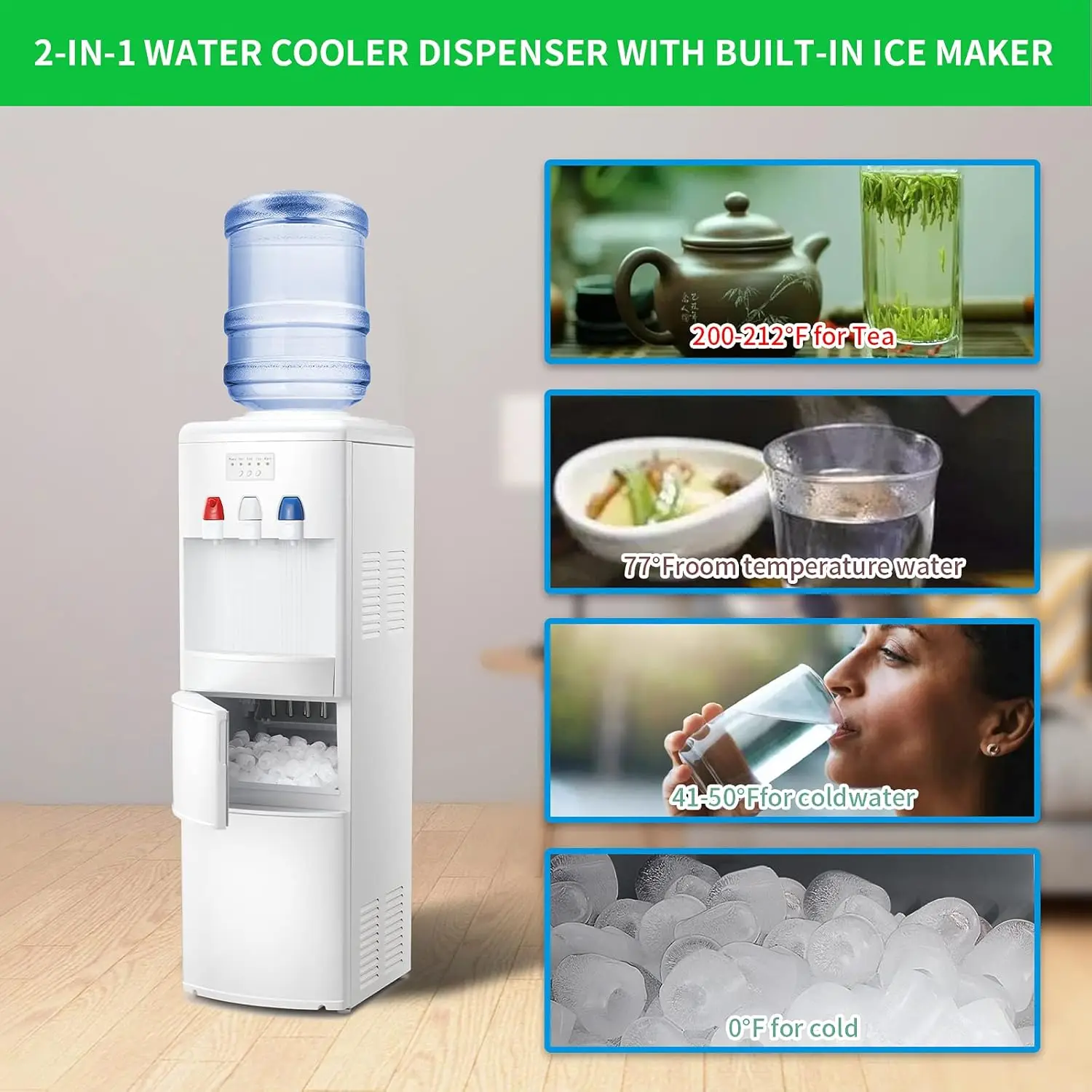 Cooler Dispenser with Built-in Ice Maker, Hot and Cold Top Loading 3 to 5 Gallon Bottle Water Dispenser,27LBS/24H Ice Maker Mach 6
