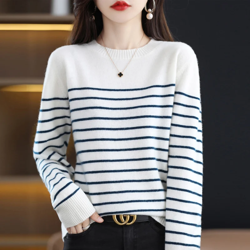 

100% pure wool bottoming shirt ladies round neck striped spring new long-sleeved pullover knitted sweater loose casual blouse
