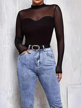 Sexy Mock Neck Sheer Mesh Patchwork Long Sleeve Bodysuit