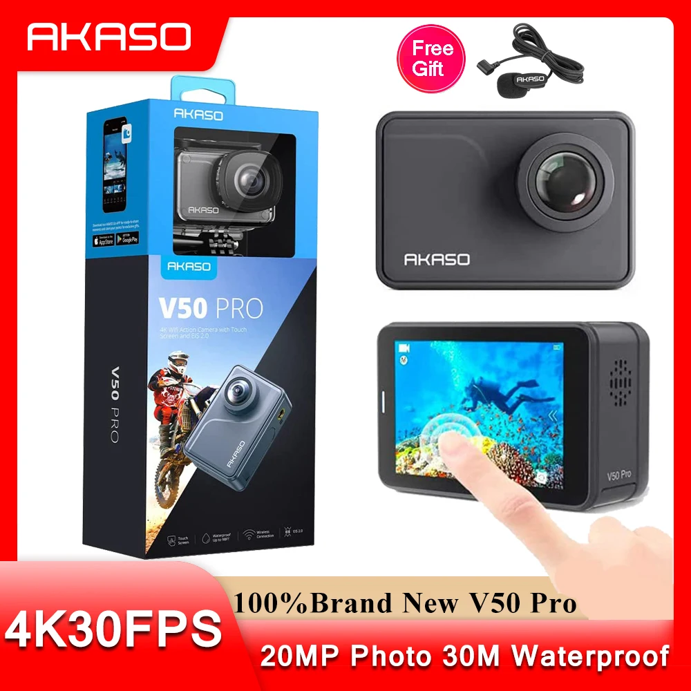 AKASO V50X 4K 30FPS WiFi Action Camera with EIS Touch Screen 4x Zoom Web  Camera 131 feet Waterproof Camera Support External Mic Remote Control  Sports Camera with Helmet Accessories Kit 