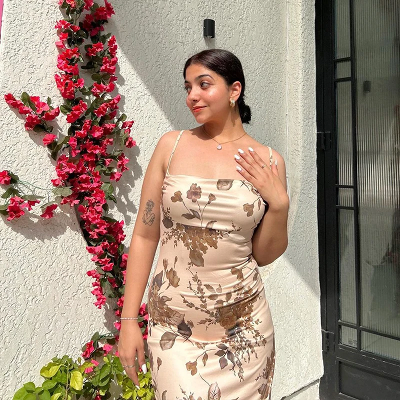 

New Dress Women Summer Sexy Floral Print Sleeveless Strap Backless Bodycon Dress Female Fashion Casual Elegant Party Long Dress