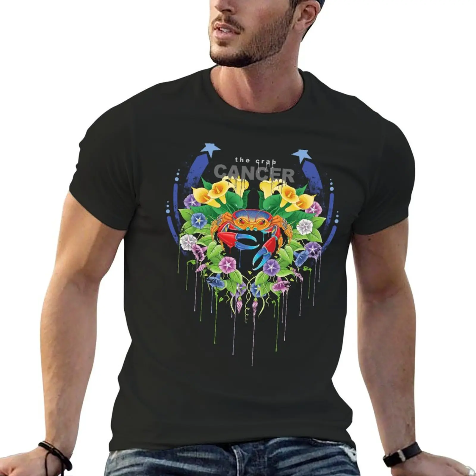 

Cancer the Crab Floral Design T-Shirt street wear customs tops mens clothes