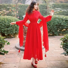 

YOSIMI Red Chiffon Long Women Dress 2022 Summer Fit and Flare Ankle-Length Elegant Long Sleeve Dress with Shawl Vestido Feminino