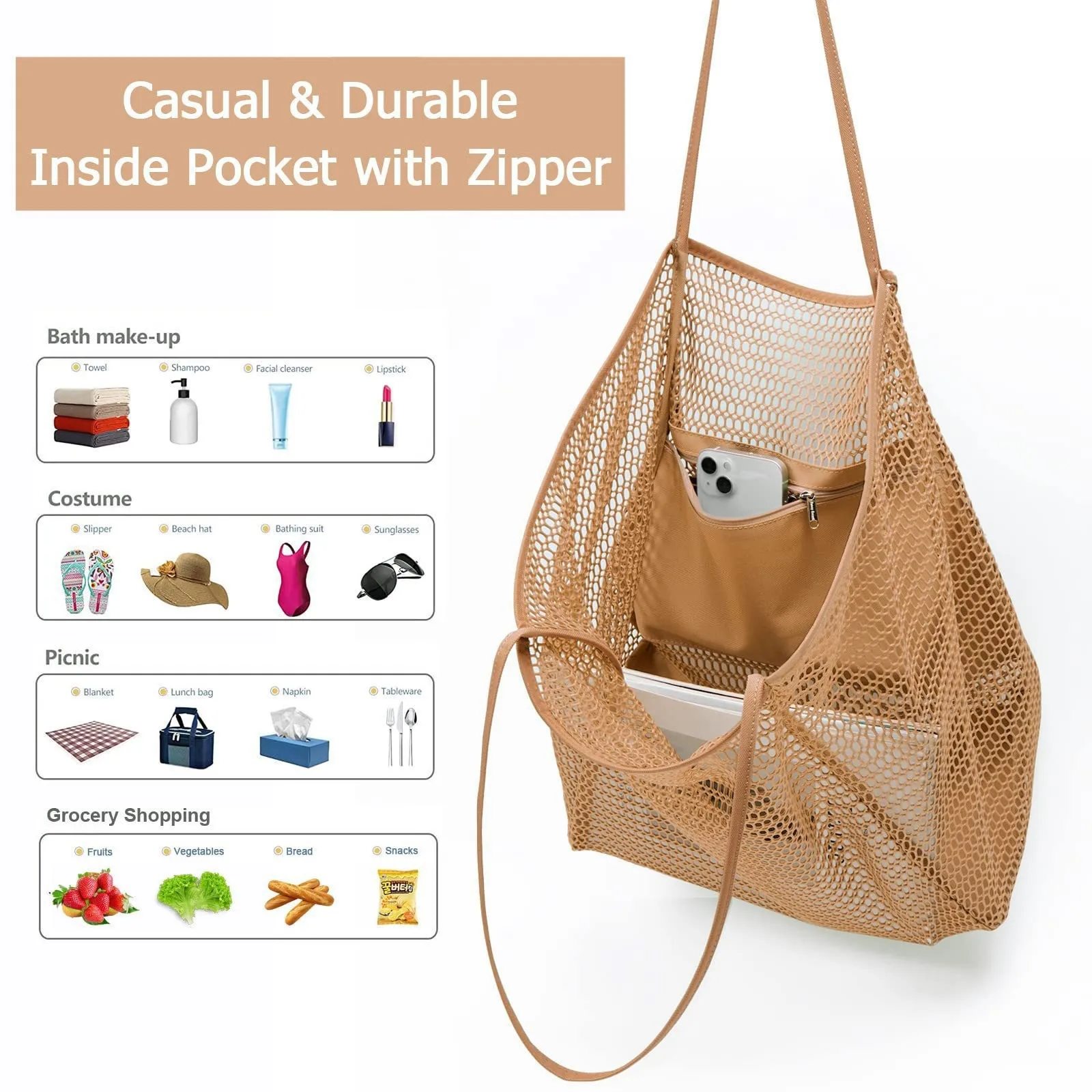 Mesh single shoulder tote bag for women, hand-held for washing, swimming, clothing storage, beach bag 3