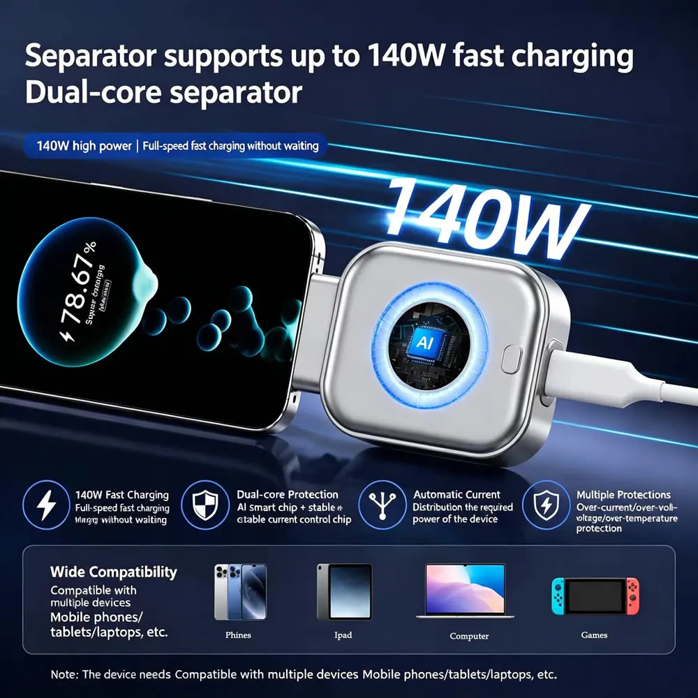 140W 스마트 풀차지 셀프컷 USB 타입-C 어댑터, 야간 충전용 USB-C 자동 차단 기능, 과충전 방지 분리기