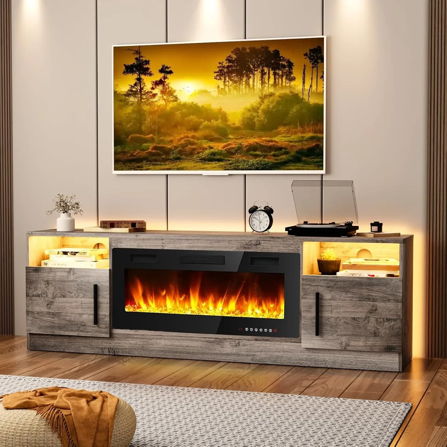 Fireplace TV Stand Entertainment Center w/ 36" Fireplace, 70" Wooden TV Stand,16 Colors LED Lights (Grey)