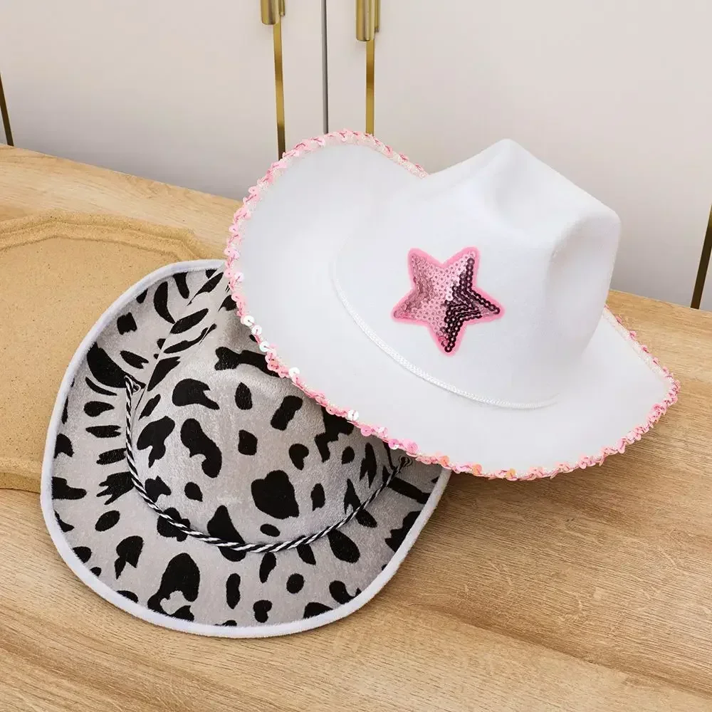 Women Pink West Cowgirl Hat Girls Tiara Feather Felt Western Sequin Cowboy Cap Costume Party Dress Jazz Caps Cosplay Props