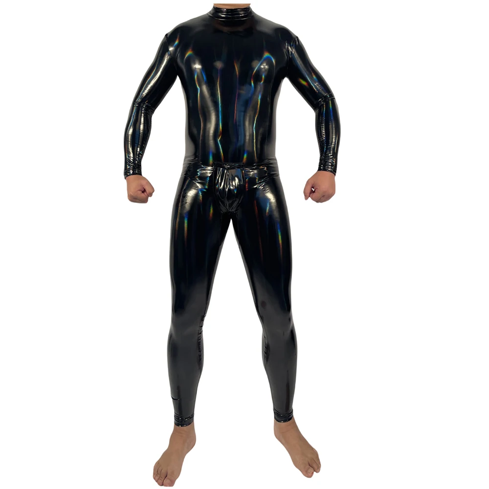 Cosplay costume Patent Leather Jumpsuit M-4XL Mens Cosplay Laser Colorful PU Leather Sexy Bodysuit Body Tights Male Servant Stage Straitjacket