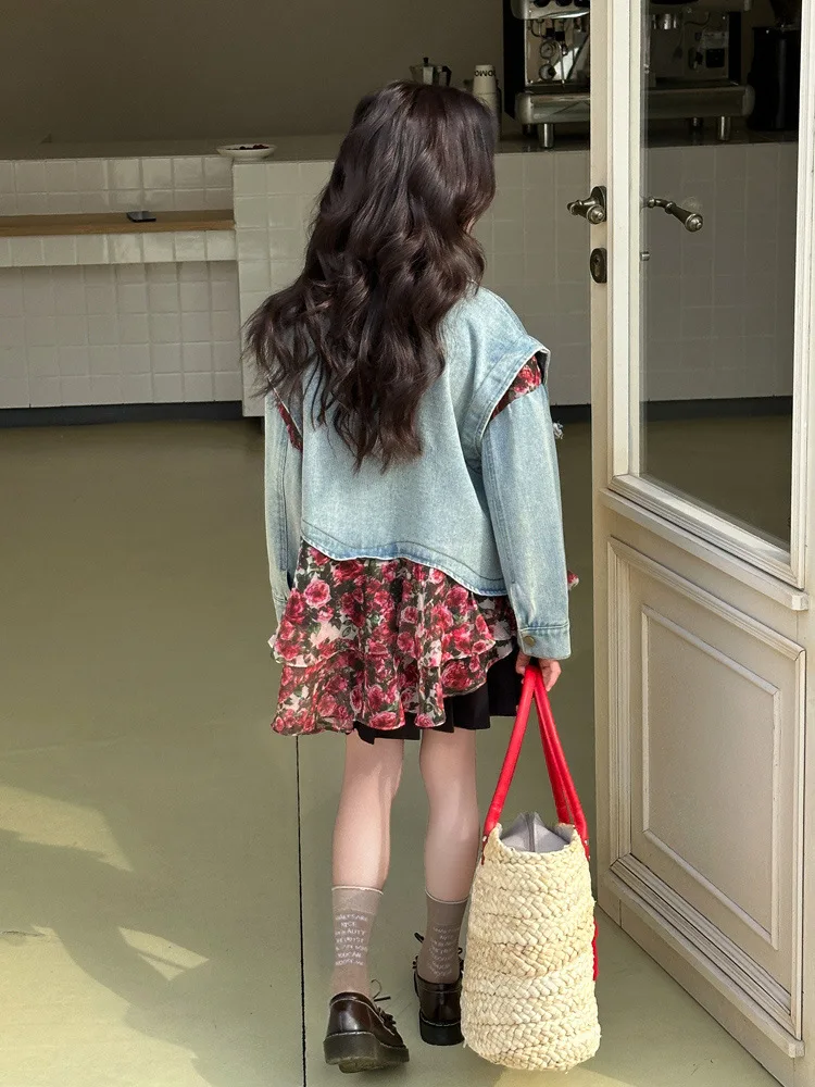 여자 꽃 패치 워크 데님 재킷 봄 가을 패션 어린이를위한 다목적 탑 십대 겉옷 아동복