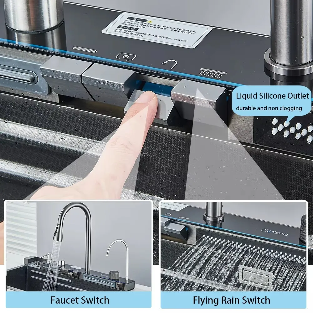 304 Stainless Steel Waterfall Kitchen Sink Large Single Slot Integrated Digital Display Faucet Set Soap Dispenser Cup Washer