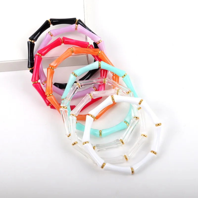 Pop Style Bamboo Joint Tube Beads for Women Fashion Gold Color Bead Strings Elastic Bracelets Acrylic Bracelet Jewelry Accessory