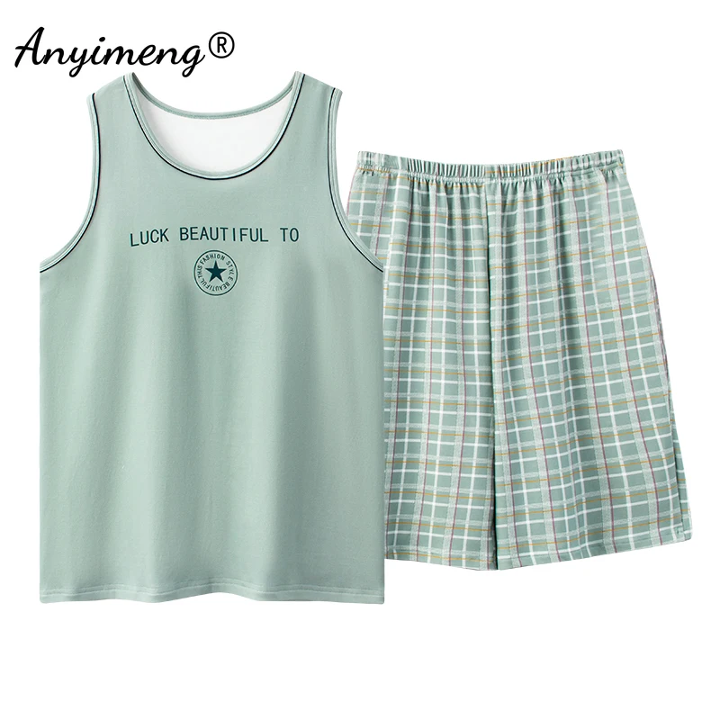 موضة بيجامة مجموعة الرجال الصيف السراويل منقوشة أسفل سترة دون أكمام قطعتين الرجال ملابس نوم رياضية التطريز شارة كول منامة 2