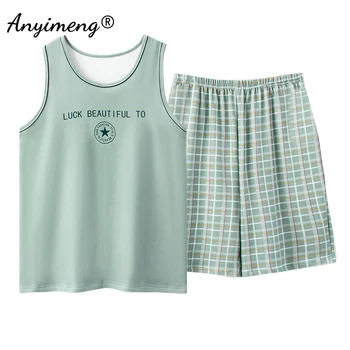 موضة بيجامة مجموعة الرجال الصيف السراويل منقوشة أسفل سترة دون أكمام قطعتين الرجال ملابس نوم رياضية التطريز شارة كول منامة 2