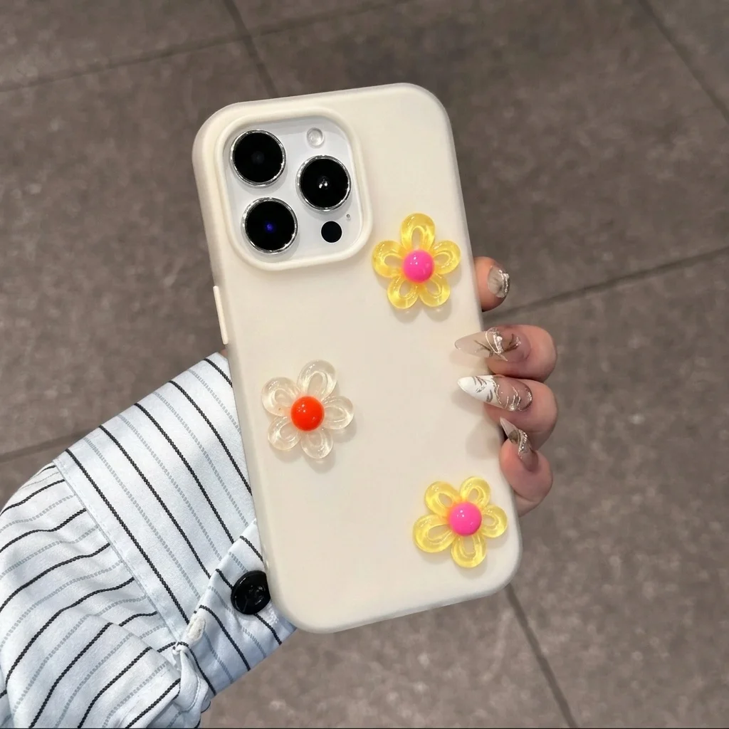White 3D DIY Colorful Flower Lanyard Phone Case - Shockproof Soft Cover