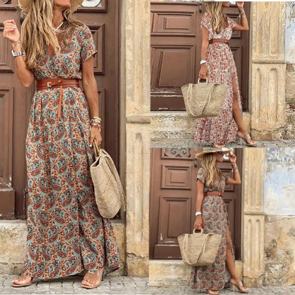 

Boho Streetwear Style Women V Neck Short Sleeve Paisley Print Belt Large Hem Beach Long Dress