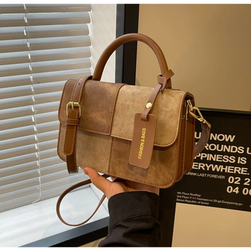 Women Handbag Crossbody Bag PU Leather Color Blocking Design Denim Surface Fashion Ladies Top-Handle Commuter Tote Girl Purses