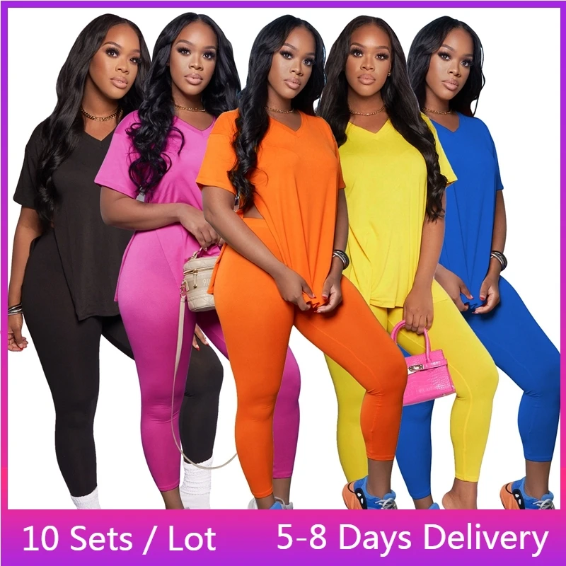 

Wholesale Items Loungewear Womens Two Peice Sets Solid Summer 2 Piece Outfit Women Streetwear High Slit T-shirt Skinny Pants Set