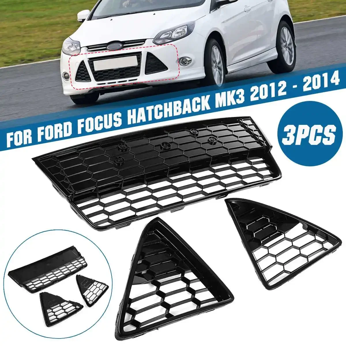 

Honeycomb Mesh Front Bumper Grille + Front Fog Lamp Grille For Ford Focus MK3 2012-2014 Racing Grills Fog Light Grill Grille