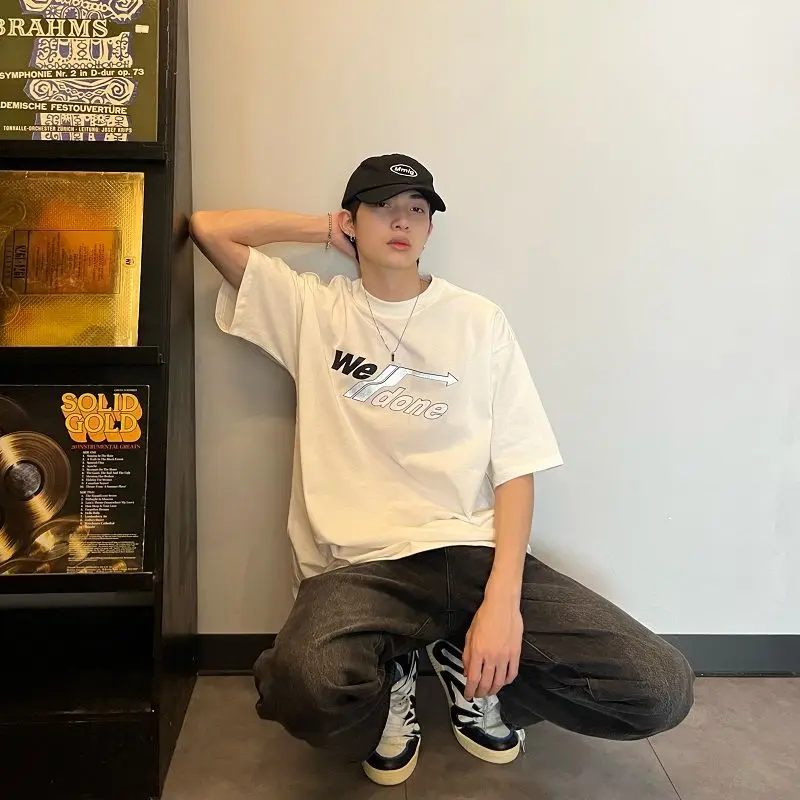 

Fashion Korean style trendy brand printed graphic T shirt men summer y2k street retro couple personality Harajuku simple T shirt