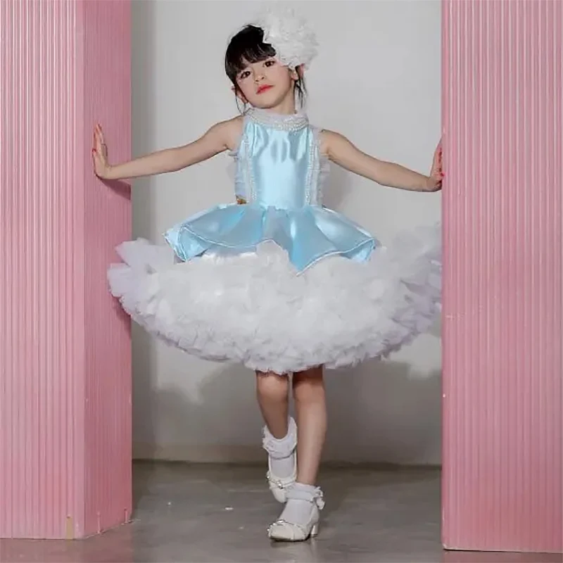 Blue puffy flower girl dress Wedding Tulle Knee Length Layered Kids Birthday Ball Gown First Communion