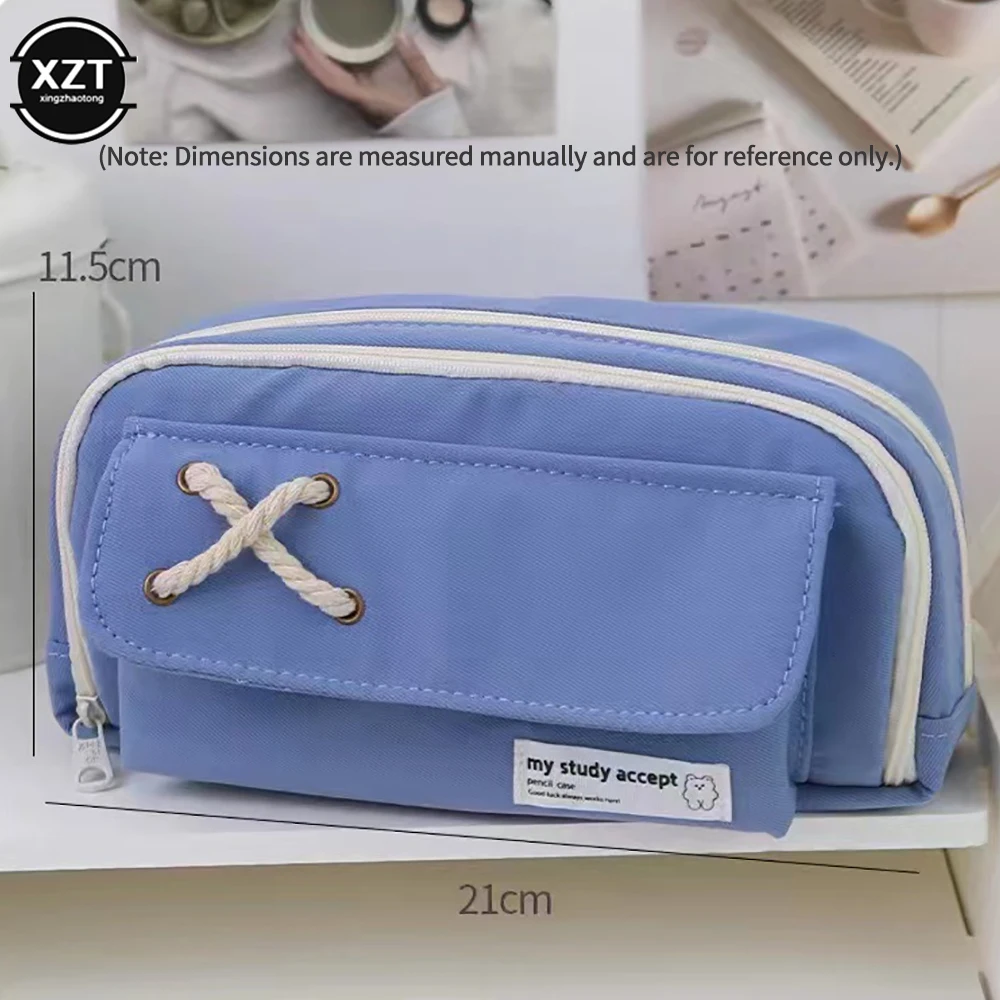 Large Capacity Pencil Bag Stationery Holder Box Aesthetic Canvas Pen Case Three-layer Zipper Pencil Pouch School Supplies