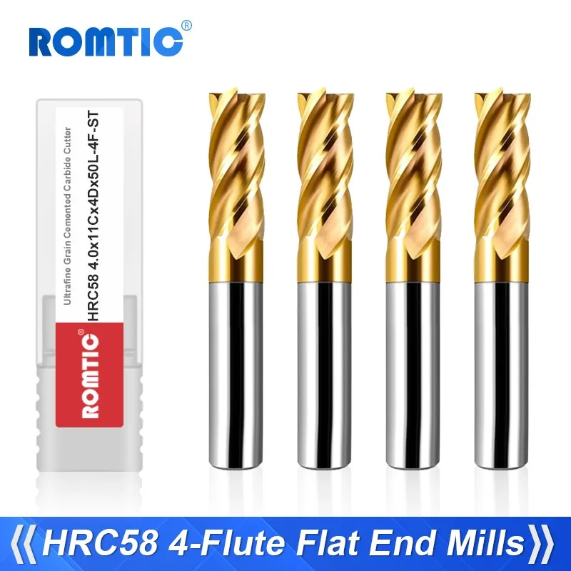 

ROMTIC HRC58 Balzers AD Coating Tungsten Steel Carbide 4-Flute Flat End Mill For Steel CNC Mechanical Machining Milling Cutter