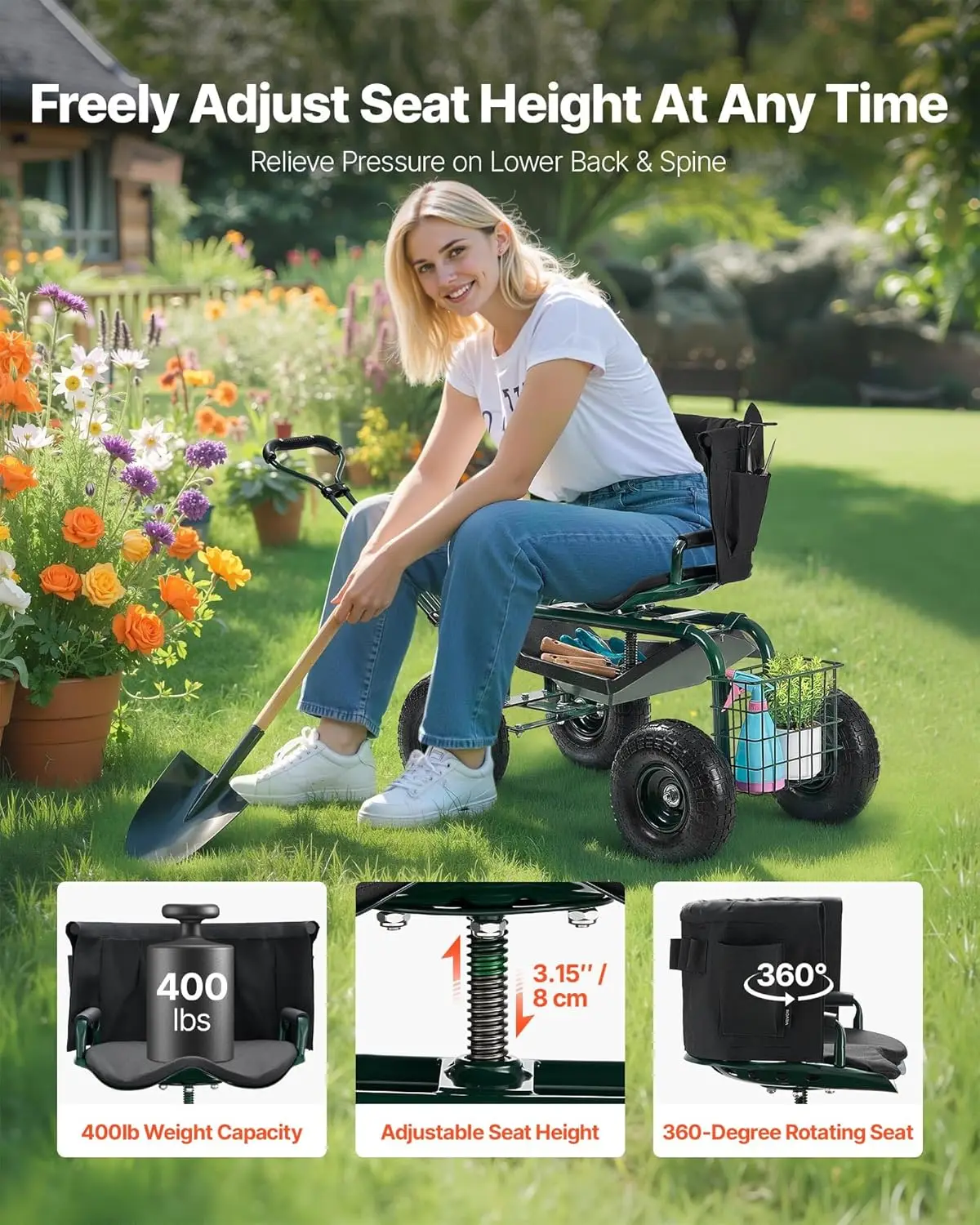 Rolling Garden Seat with Wheels, Gardening Stool with Height Adjustable & 360°Swivel Seat, Ergonomic Backrest & Tool Storage