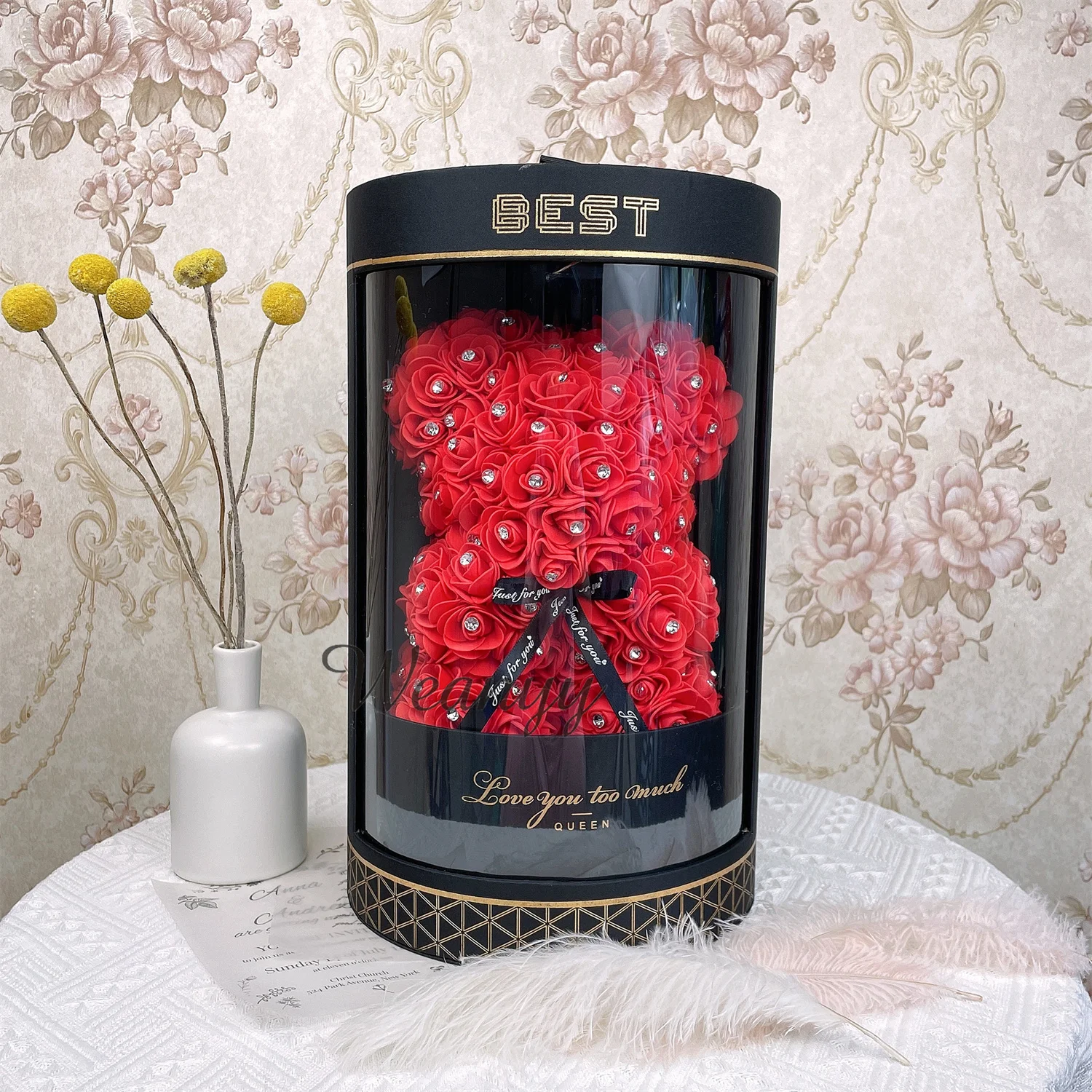 

2023 New 25cm Diamond Rose Bear for Wedding Party Decoration with Box Flower Bear for Valentine's Day /Monther's Day/Birthday