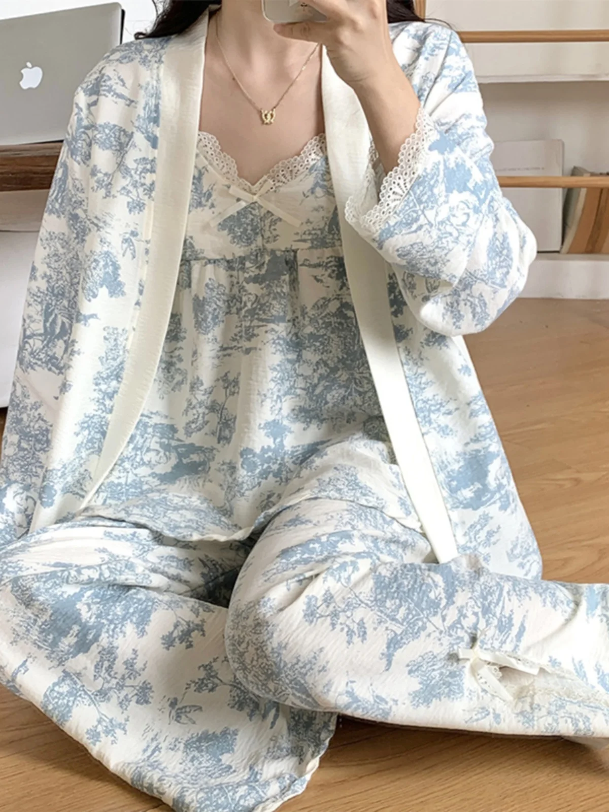 ملابس نوم نسائية بأكمام طويلة من قطن السحاب، طقم م...
