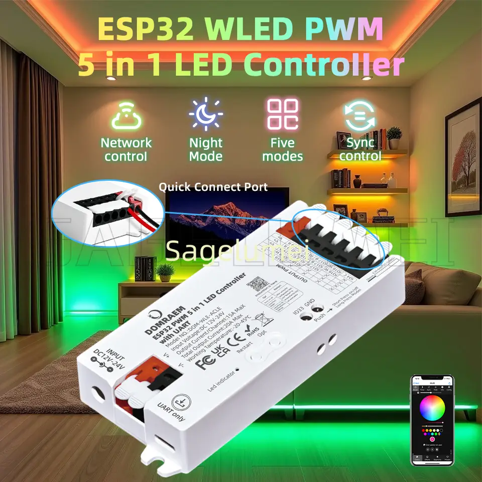 ESP32 Work with RGBCCT RGBW RGB CCT Singlecolor PWM 5 in 1 LED controller with UART WiFi WLED APP DIY port for switch connection image 2
