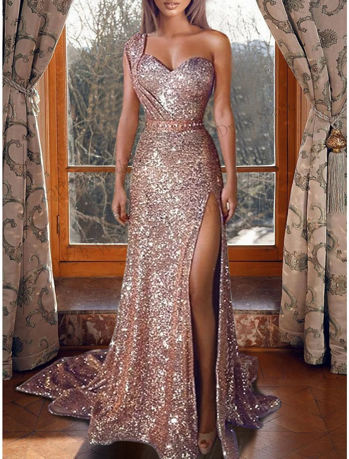 

Fashion Court Train One Shoulder Sleeveless Mermaid / Trumpet Sequined with Sequin Slit Formal Evening Dresses Sexy Crepe