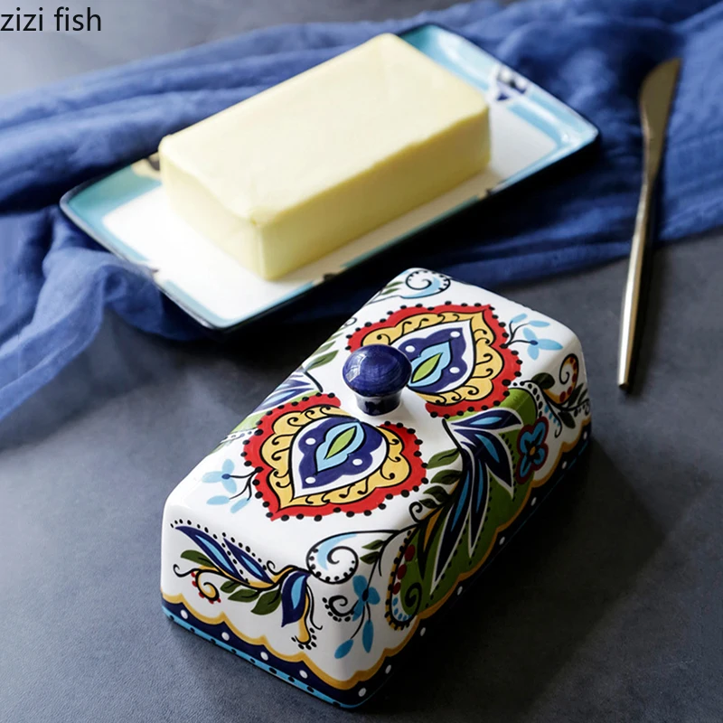 Ceramic Butter Plate with Lid Creative Hand-painted Pattern Butter Box Dim Sum Plate Cheese Household Specialty Tableware