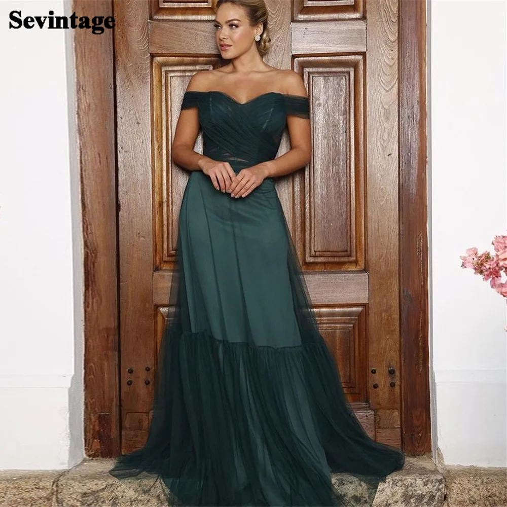 orange prom dresses Sevintage Dark Green Tiered Tulle Prom Dresses Pleats Off The Shoulder Formal Prom Gowns Long Women Evening Party Dress 2022 green ball gown